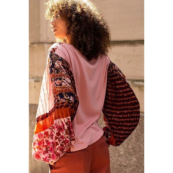 Free People Light Magic Henley Top Women's Blouse XS Pink Floral Peasant Boho - Picture 9 of 11